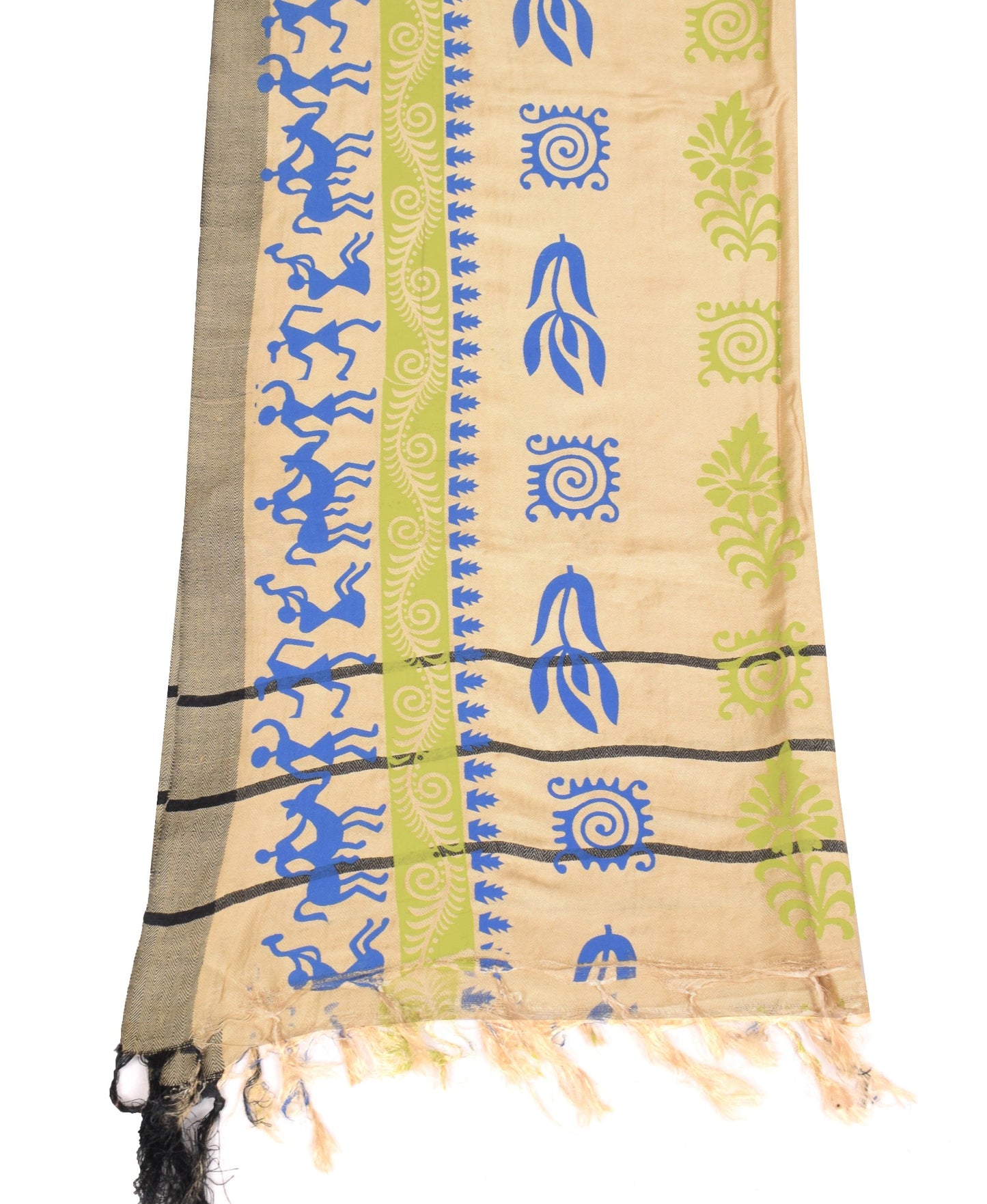 Sushila Vintage Pure Woolen Beige Dupatta Warli Printed Soft Warm LongStole Veil