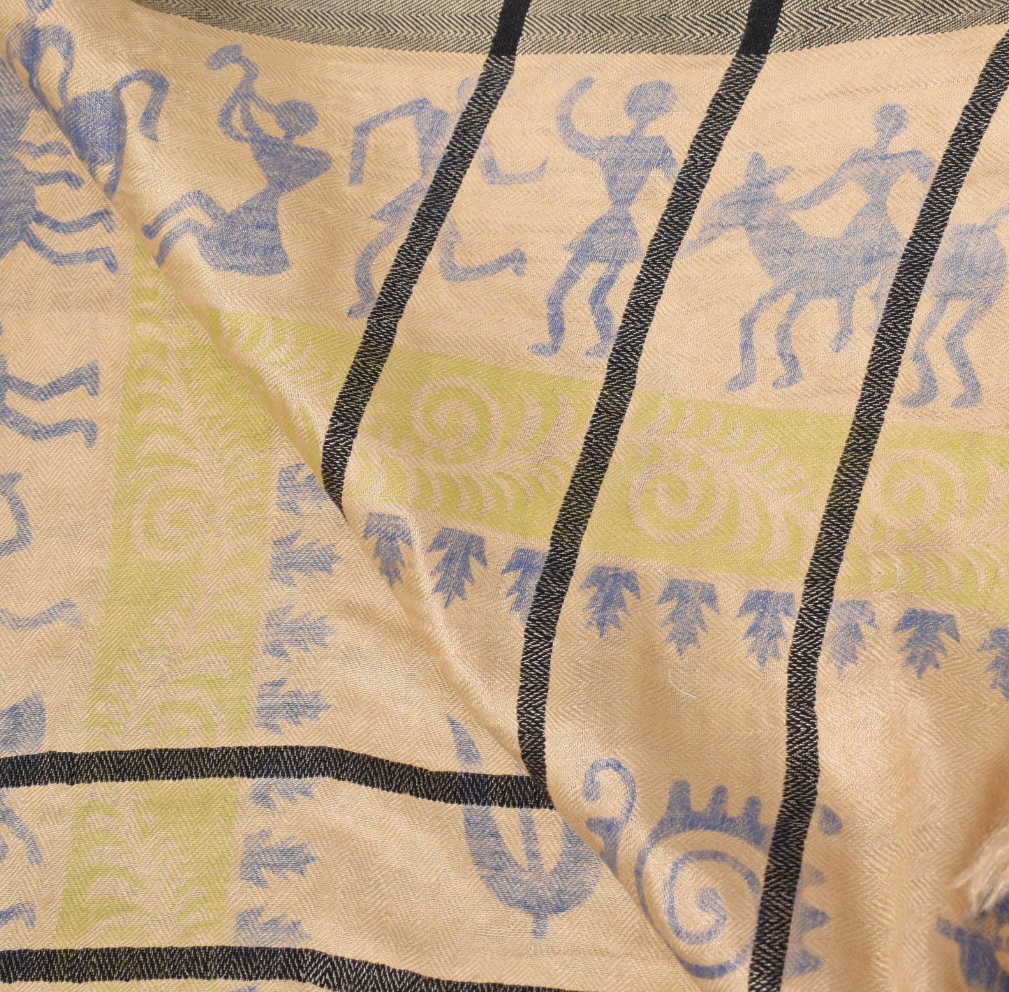 Sushila Vintage Pure Woolen Beige Dupatta Warli Printed Soft Warm LongStole Veil