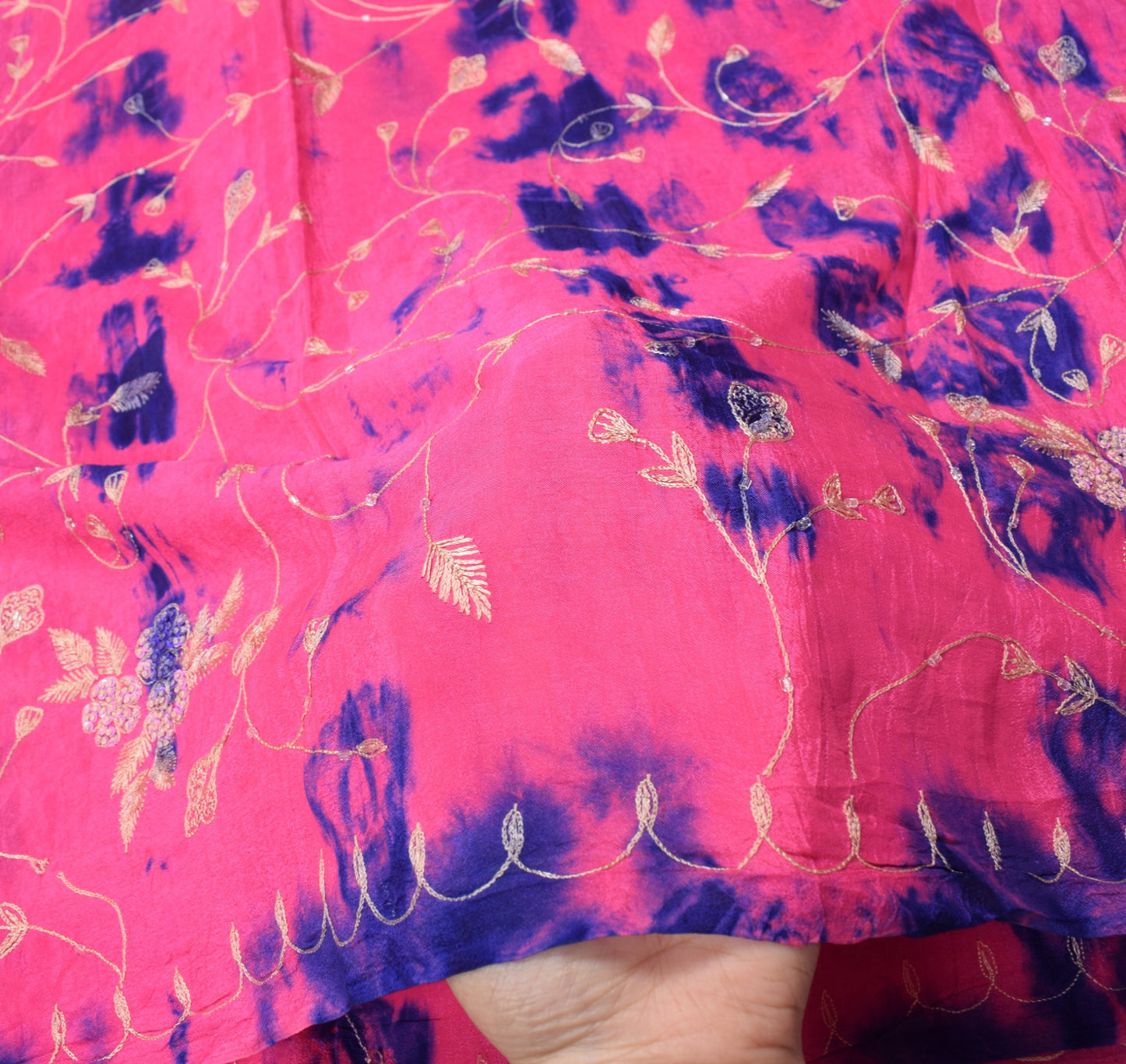 Sushila Vintage Magenta Tie-Dye Dupatta Hand Embroidered Pure Crepe Long Stole