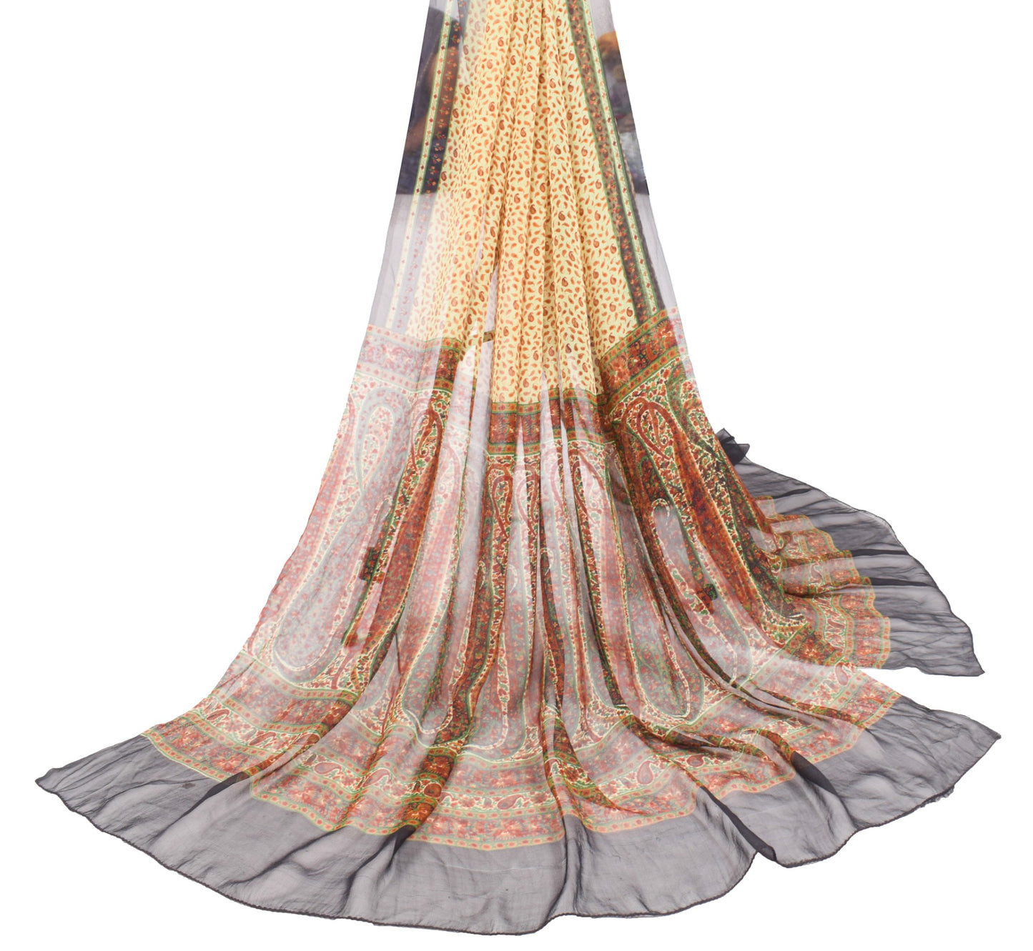 Sushila Vintage Paisley Printed Dupatta Pure Georgette Cream Long Stole Scarves