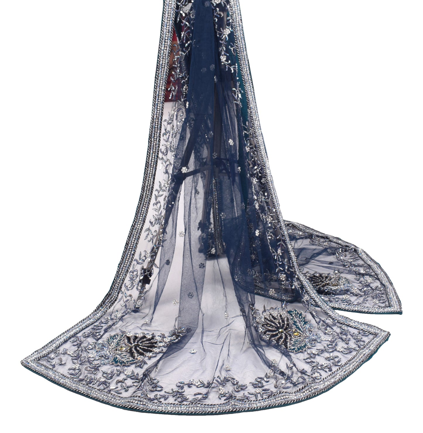 Sushila Vintage Blue Net Heavy Dupatta Sequins Glass Beads Embellish Long Stole