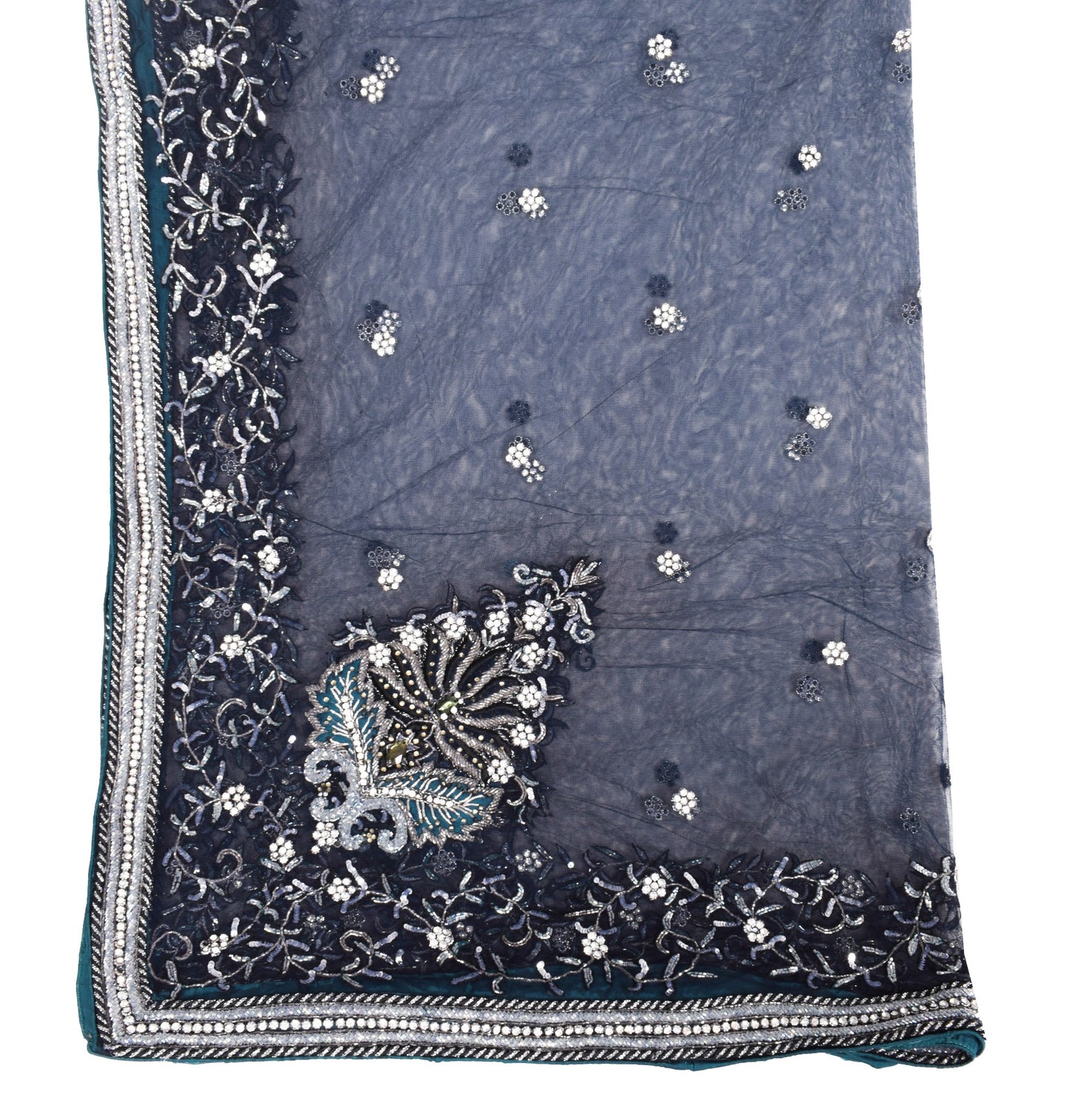 Sushila Vintage Blue Net Heavy Dupatta Sequins Glass Beads Embellish Long Stole