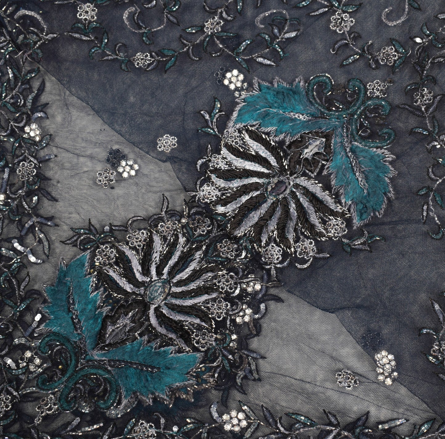 Sushila Vintage Blue Net Heavy Dupatta Sequins Glass Beads Embellish Long Stole