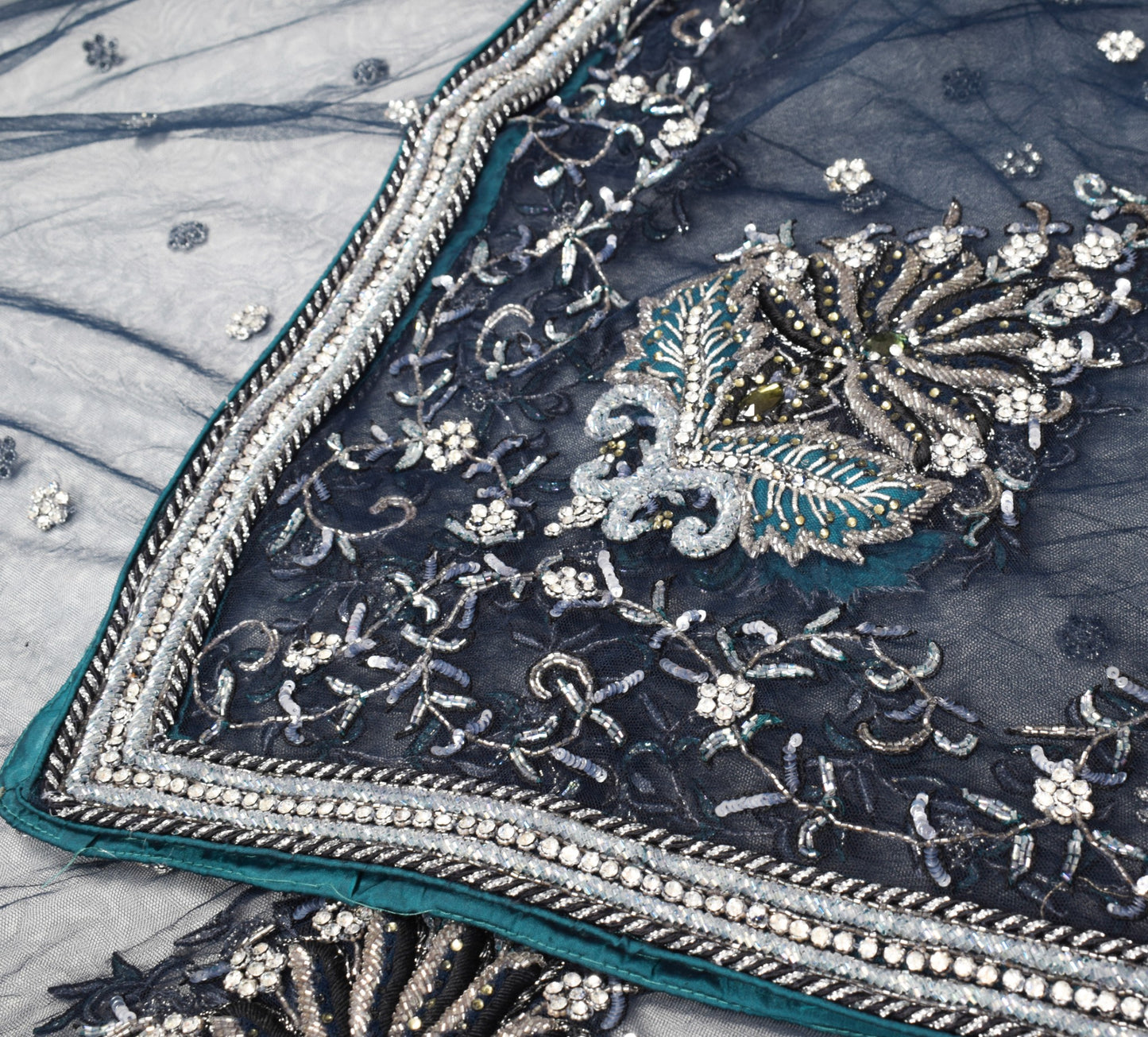 Sushila Vintage Blue Net Heavy Dupatta Sequins Glass Beads Embellish Long Stole