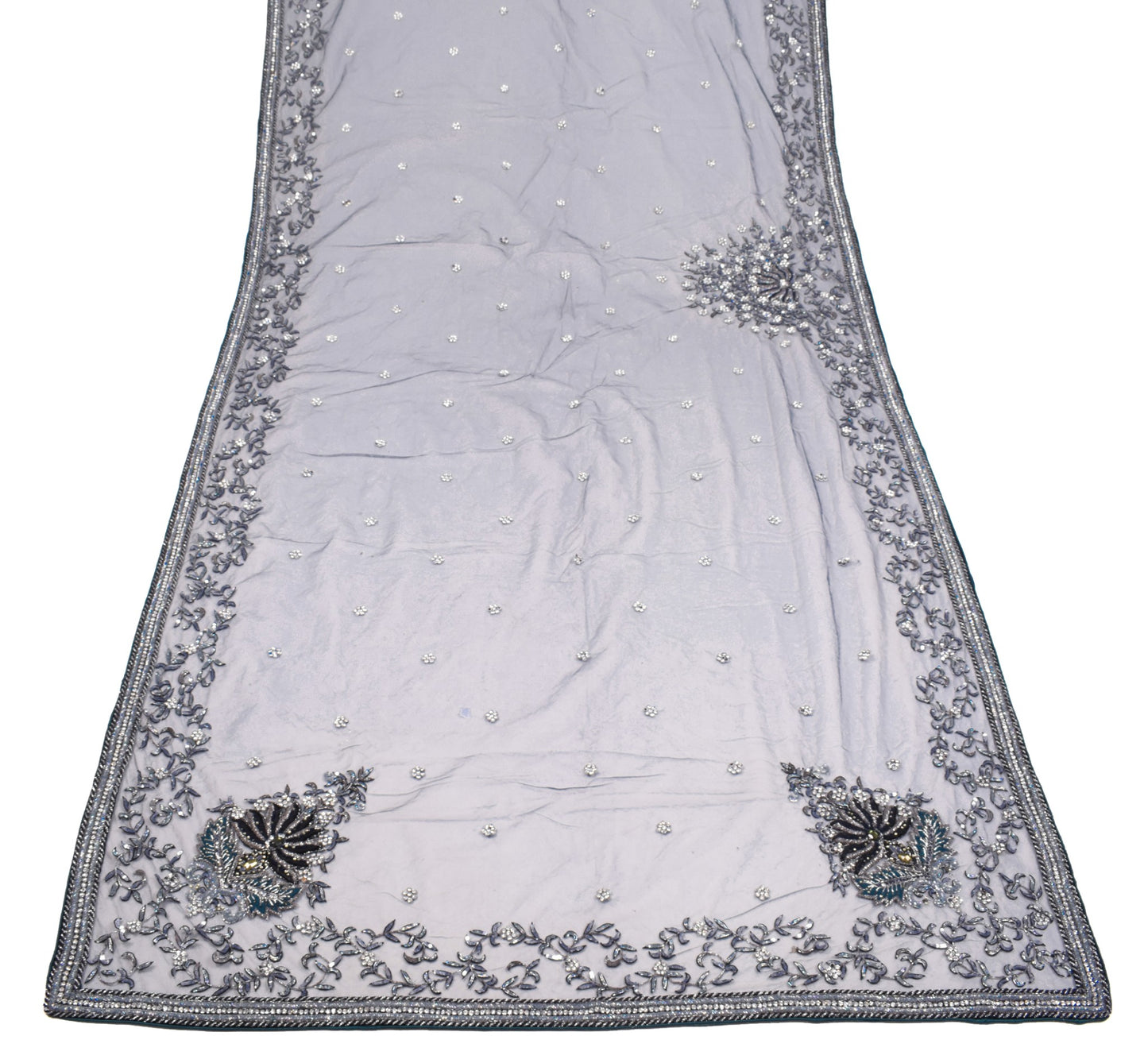 Sushila Vintage Blue Net Heavy Dupatta Sequins Glass Beads Embellish Long Stole