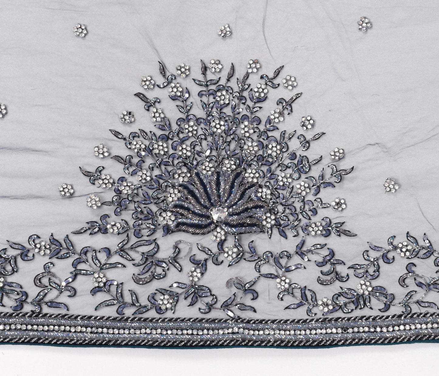 Sushila Vintage Blue Net Heavy Dupatta Sequins Glass Beads Embellish Long Stole
