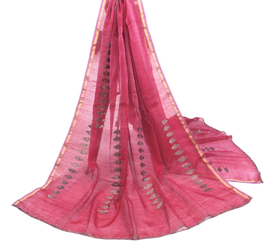 Sushila Vintage Magenta Dupatta Applique Work Pure Cotton Silk Woven Long Stole