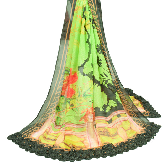 Sushila Vintage Digital Printed Dupatta Green Pure Silk Floral Soft Long Stole