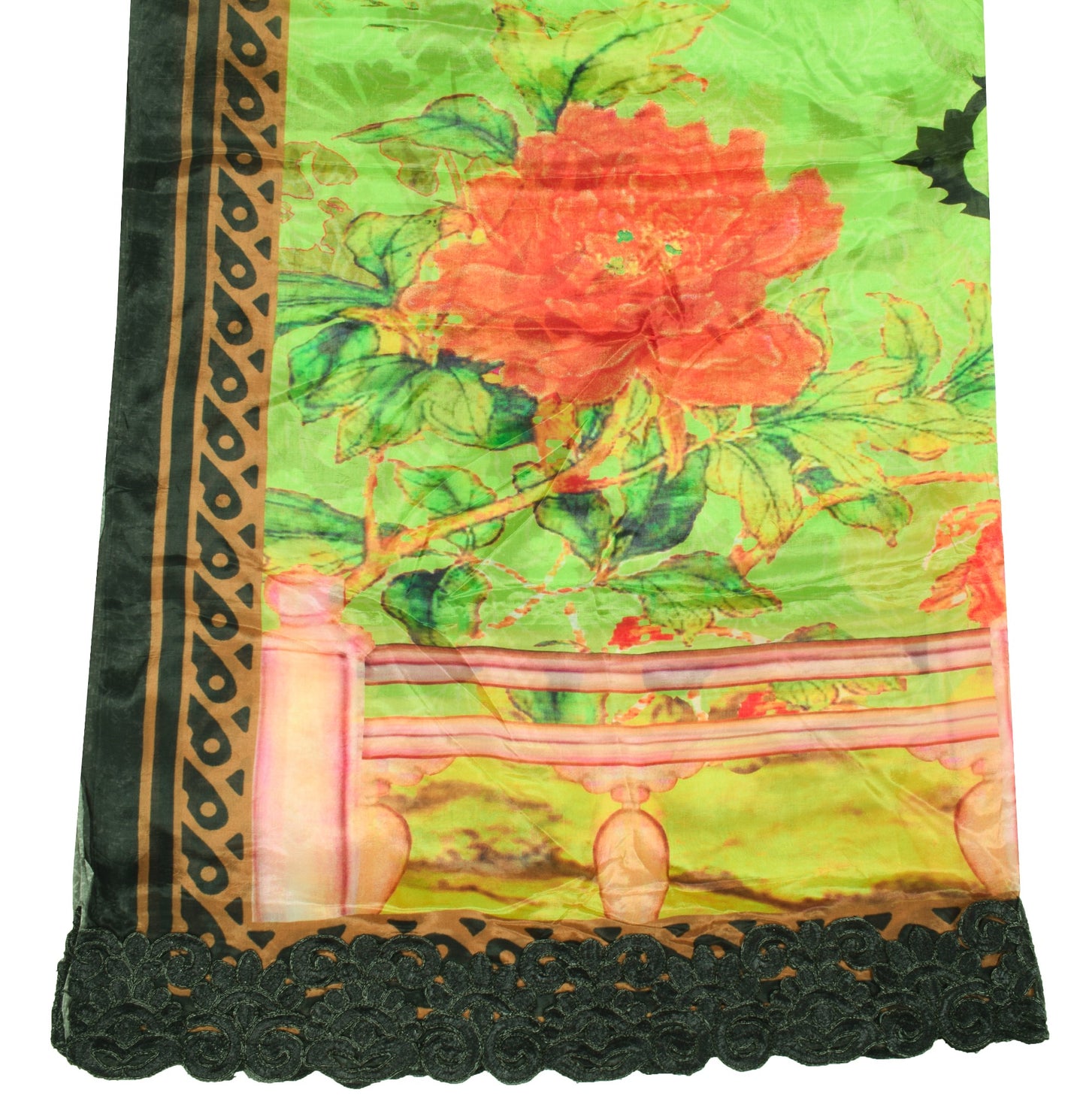 Sushila Vintage Digital Printed Dupatta Green Pure Silk Floral Soft Long Stole