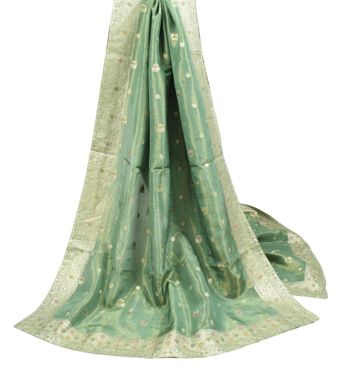 Sushila Vintage Green Wedding Dupatta Pure Tissue Zari Woven Floral Long Stole