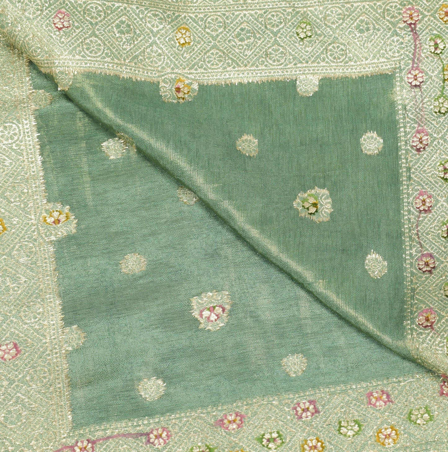 Sushila Vintage Green Wedding Dupatta Pure Tissue Zari Woven Floral Long Stole