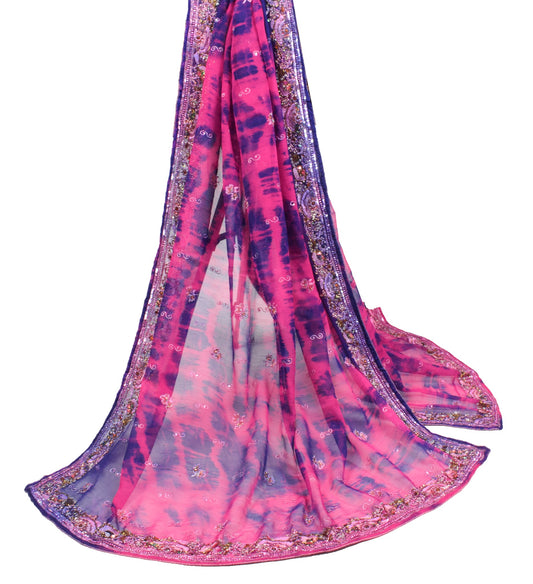 Sushila Vintage Floral Embroider Dupatta Magenta Tie-Dye Pure Chiffon Long Stole