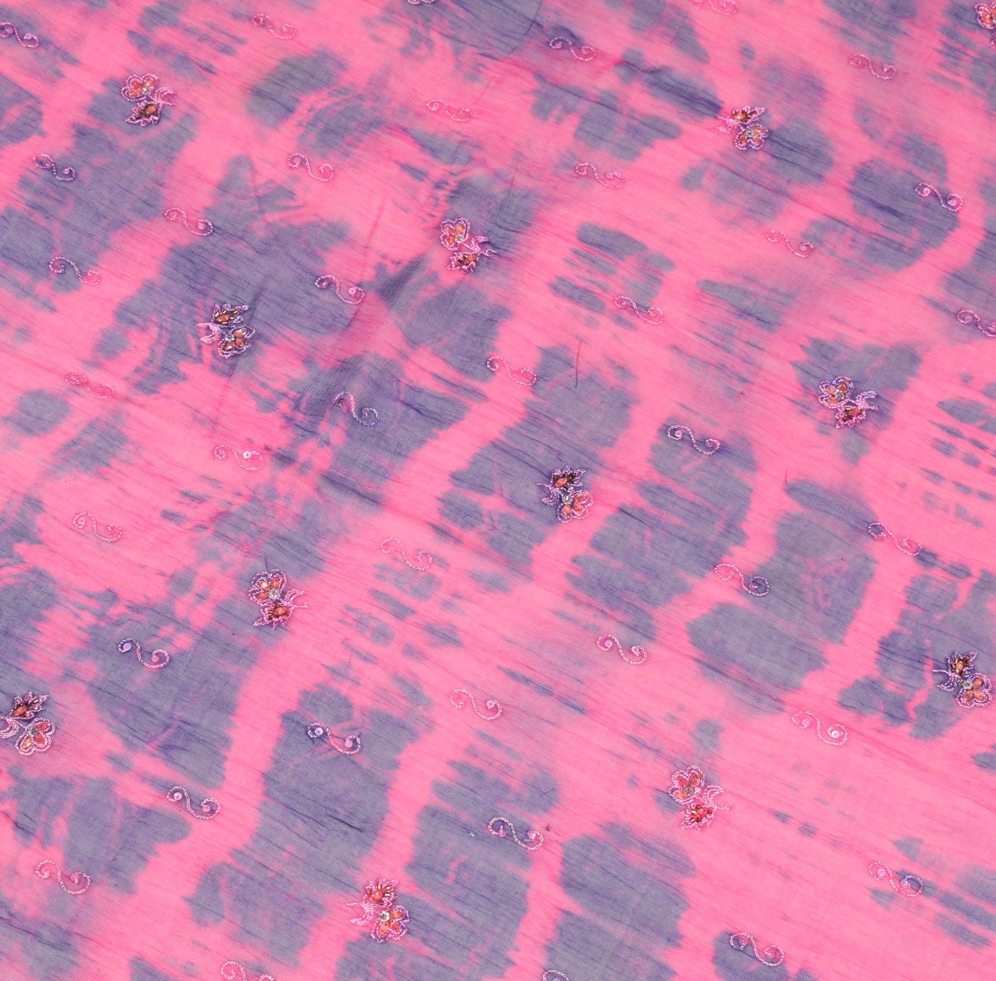 Sushila Vintage Floral Embroider Dupatta Magenta Tie-Dye Pure Chiffon Long Stole