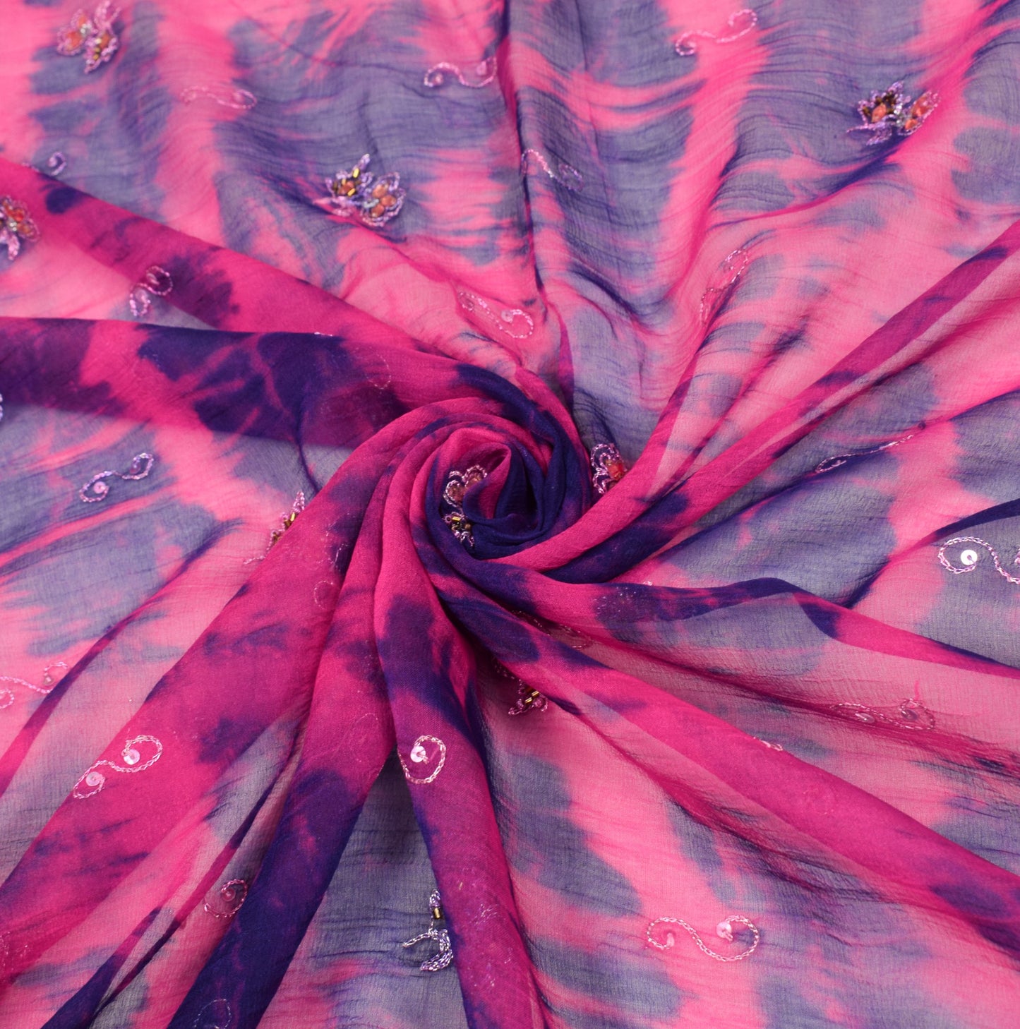 Sushila Vintage Floral Embroider Dupatta Magenta Tie-Dye Pure Chiffon Long Stole