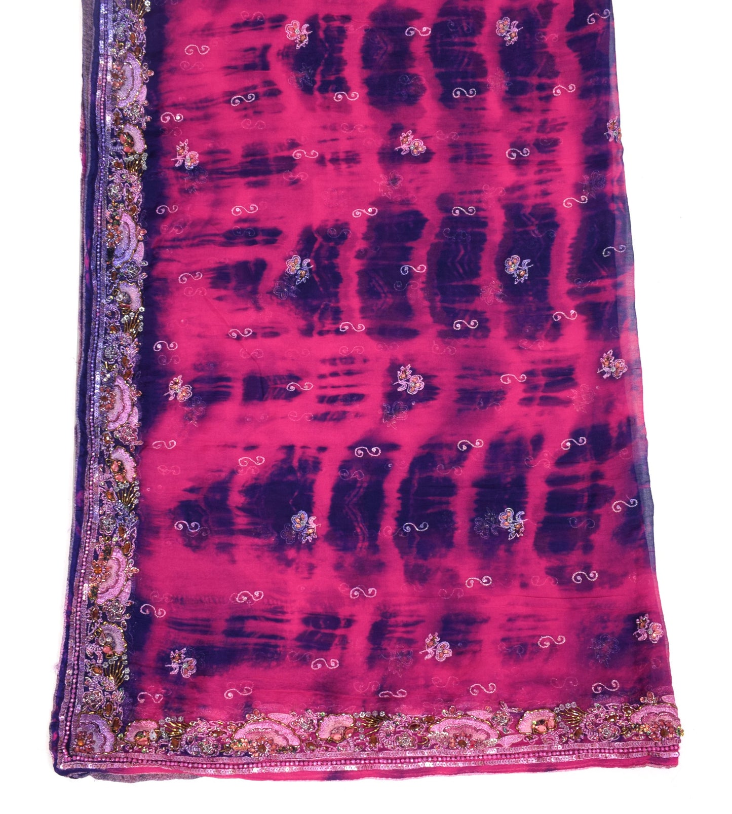 Sushila Vintage Floral Embroider Dupatta Magenta Tie-Dye Pure Chiffon Long Stole