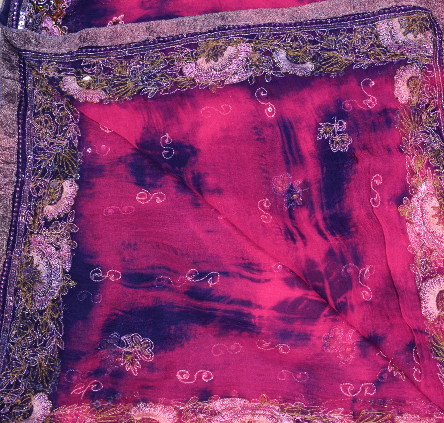 Sushila Vintage Floral Embroider Dupatta Magenta Tie-Dye Pure Chiffon Long Stole