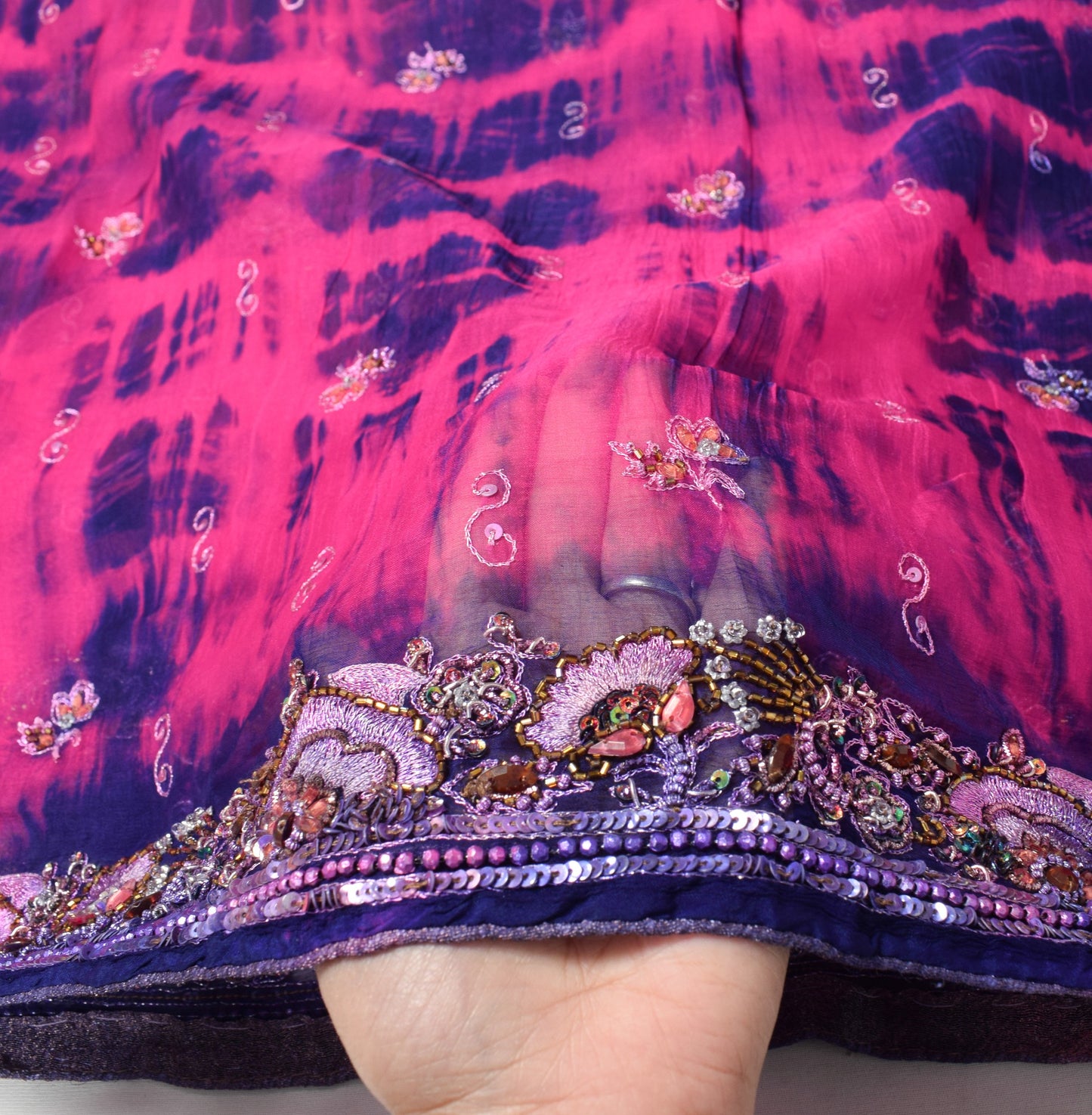 Sushila Vintage Floral Embroider Dupatta Magenta Tie-Dye Pure Chiffon Long Stole