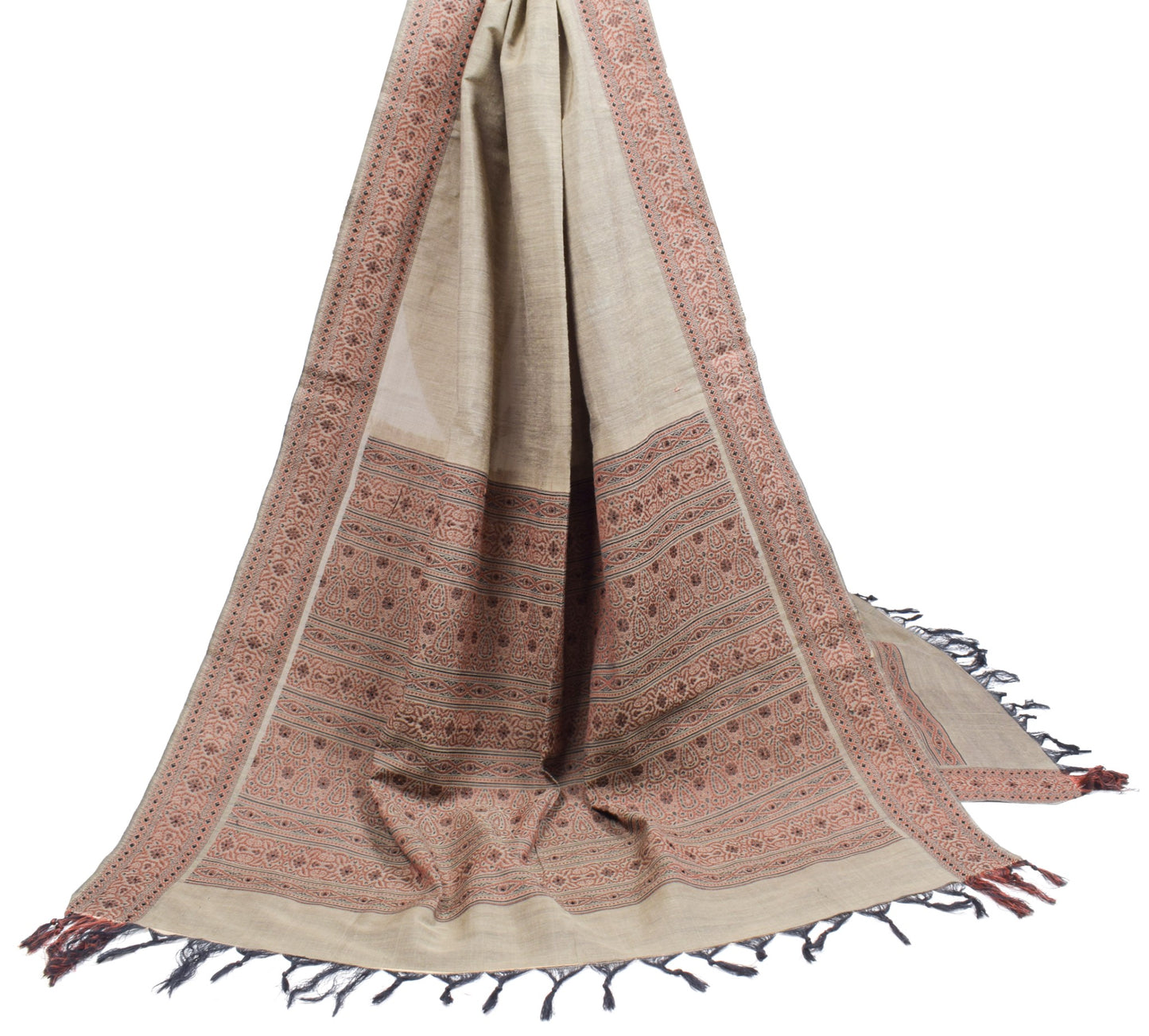 Sushila Vintage Brown Dupatta Art Cotton Hand Woven Floral Indian Long Stole