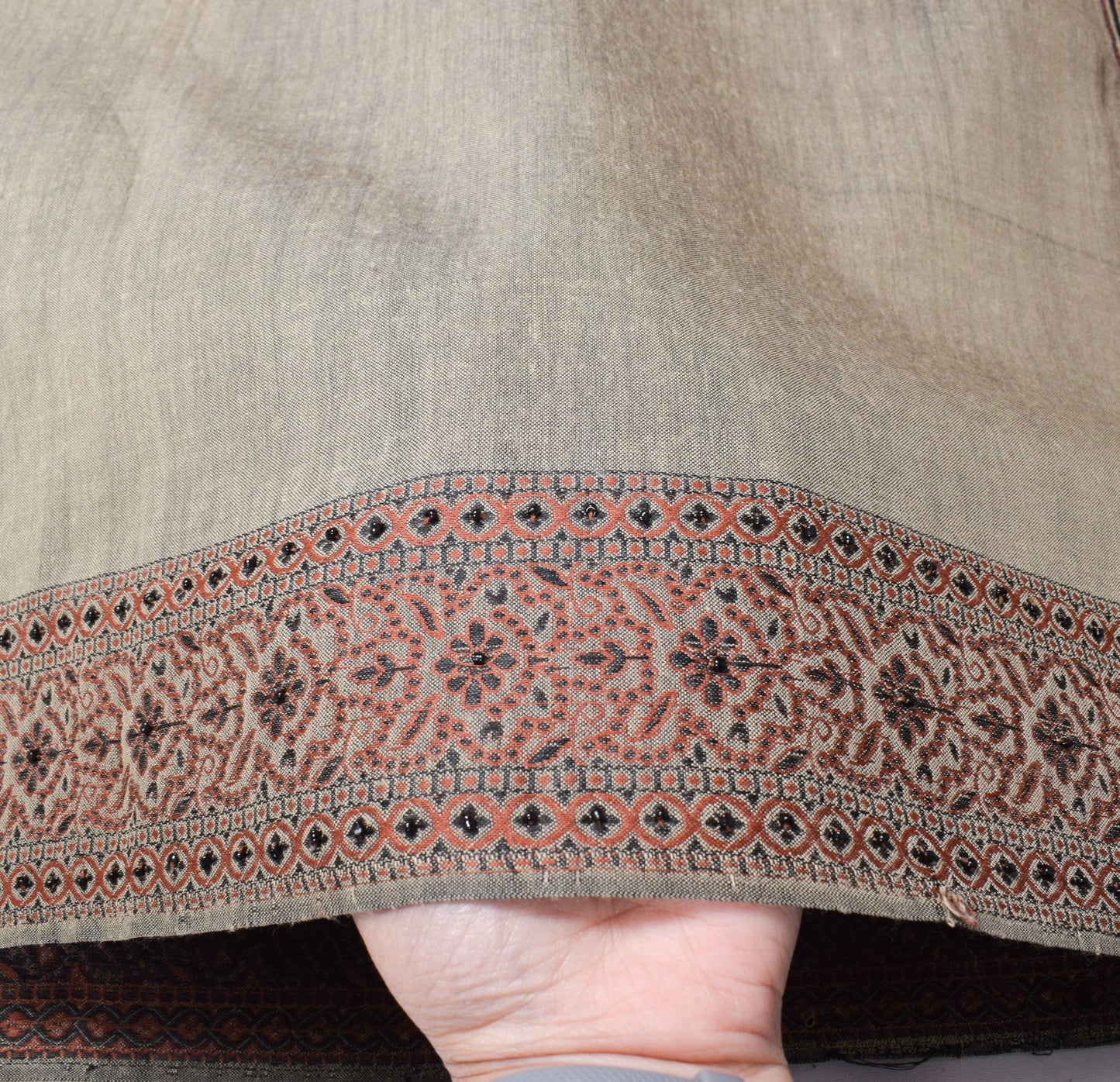 Sushila Vintage Brown Dupatta Art Cotton Hand Woven Floral Indian Long Stole