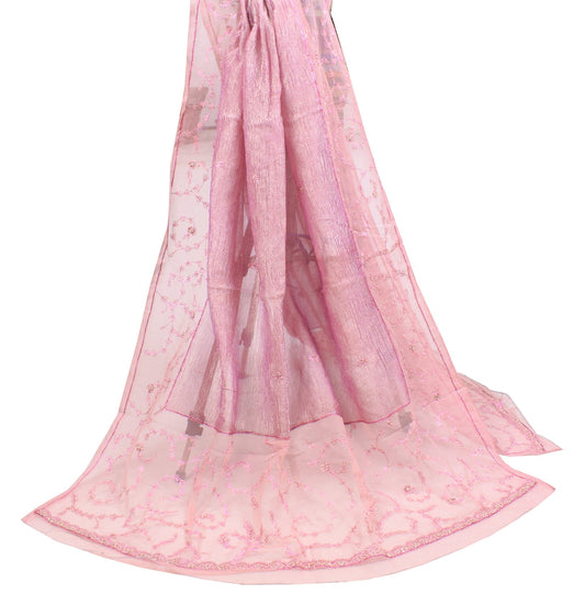 Sushila Vintage Zardozi Work Dupatta Pink Net Mesh & Tissue Wedding Long Stole
