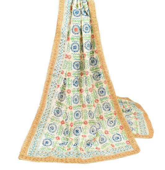 Sushila Vintage OOAK Dupatta Art Silk Handmade Phulkari Long Stole Wrap Cream