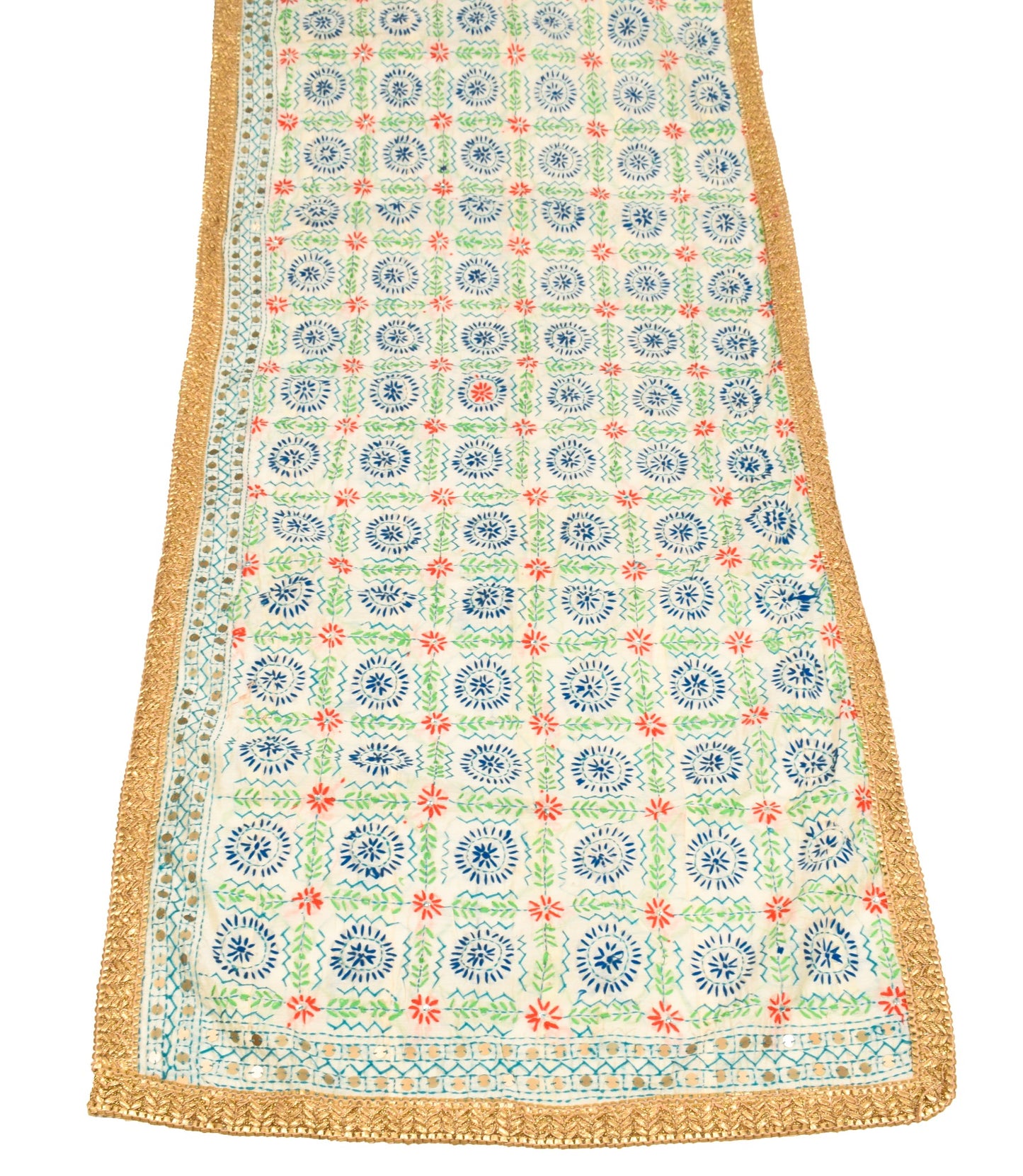 Sushila Vintage OOAK Dupatta Art Silk Handmade Phulkari Long Stole Wrap Cream