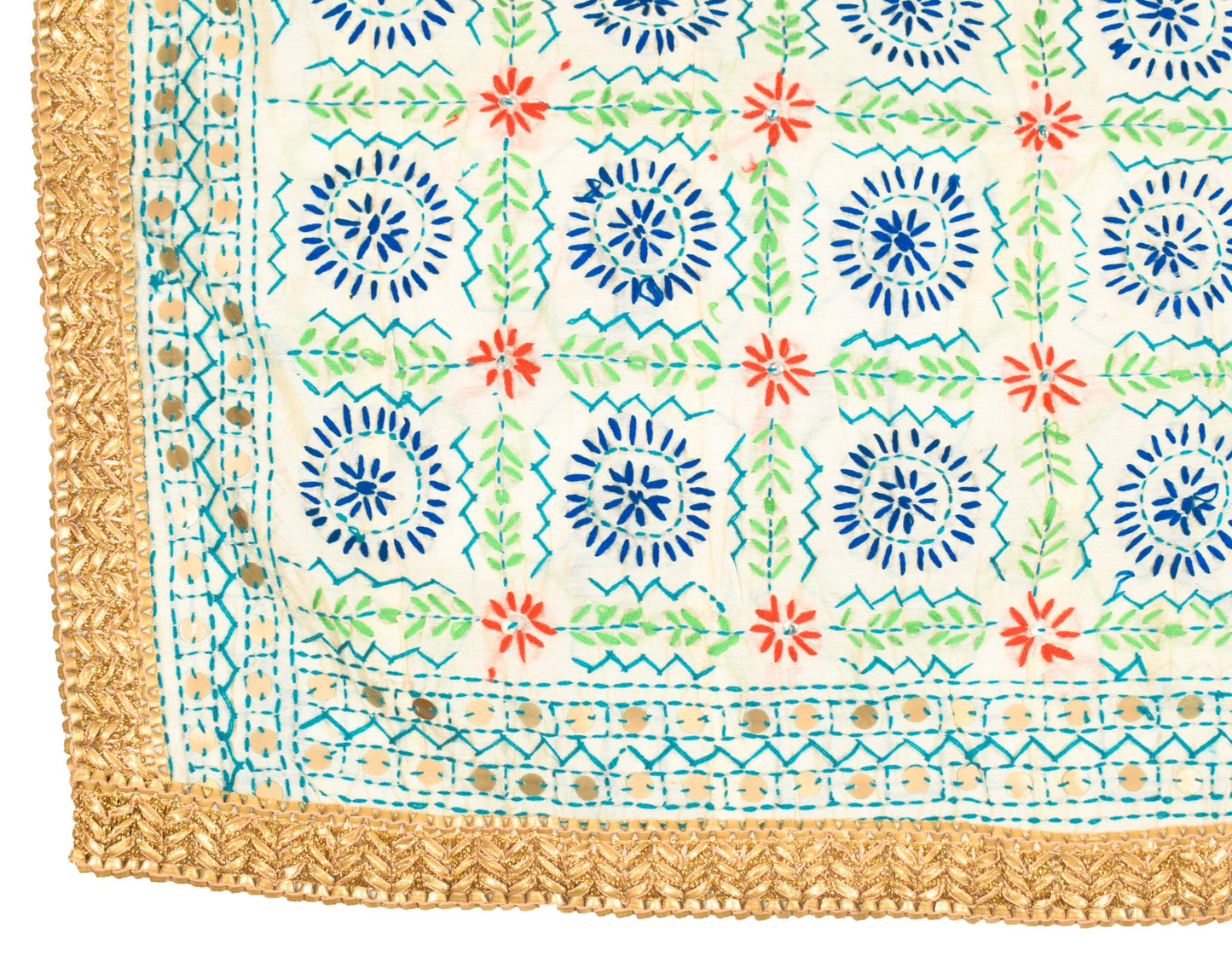Sushila Vintage OOAK Dupatta Art Silk Handmade Phulkari Long Stole Wrap Cream