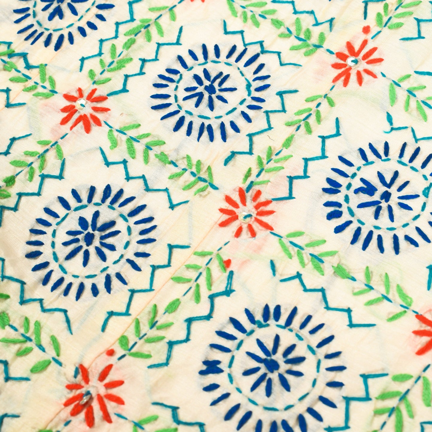 Sushila Vintage OOAK Dupatta Art Silk Handmade Phulkari Long Stole Wrap Cream