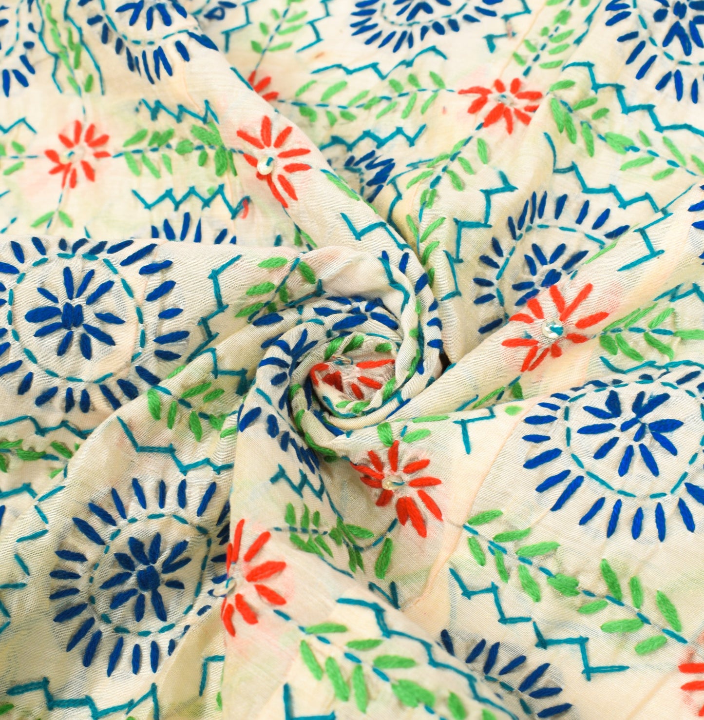 Sushila Vintage OOAK Dupatta Art Silk Handmade Phulkari Long Stole Wrap Cream
