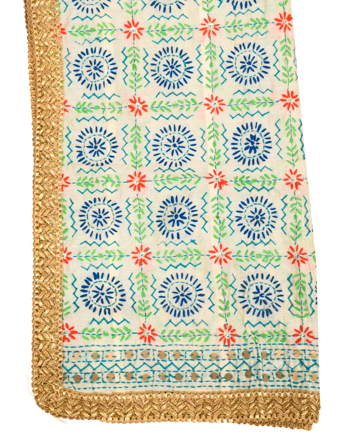 Sushila Vintage OOAK Dupatta Art Silk Handmade Phulkari Long Stole Wrap Cream