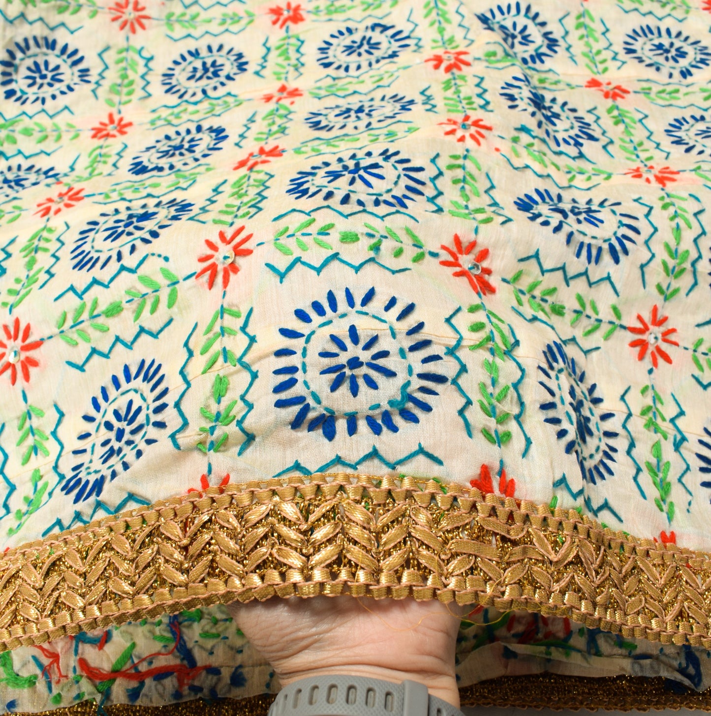 Sushila Vintage OOAK Dupatta Art Silk Handmade Phulkari Long Stole Wrap Cream