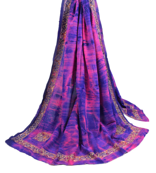 Sushila Vintage Blue Tie-Dye Dupatta Pure Crepe Silk Hand Embroidered Long Stole