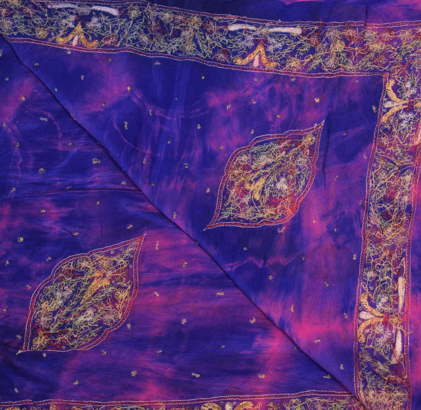 Sushila Vintage Blue Tie-Dye Dupatta Pure Crepe Silk Hand Embroidered Long Stole