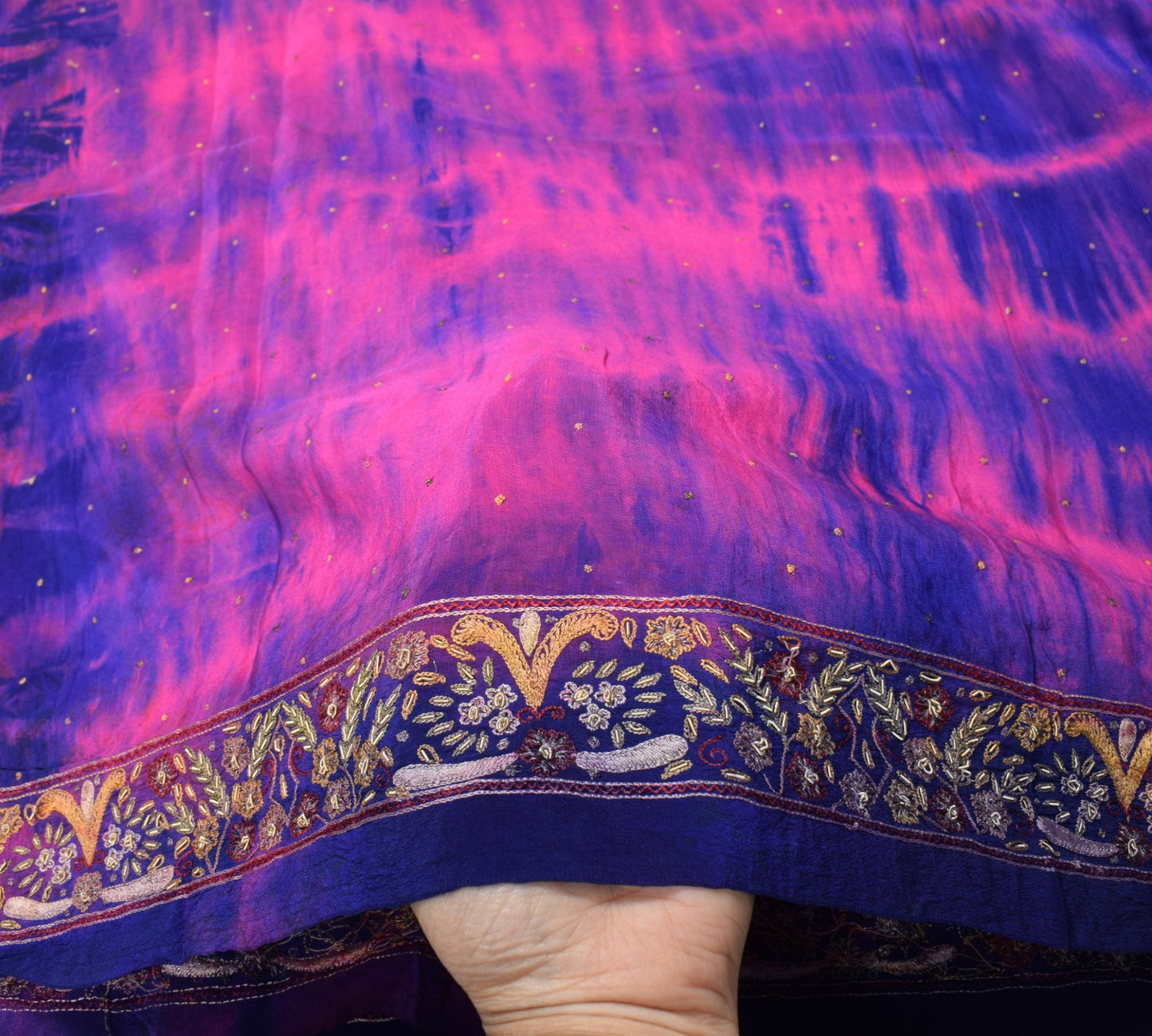 Sushila Vintage Blue Tie-Dye Dupatta Pure Crepe Silk Hand Embroidered Long Stole