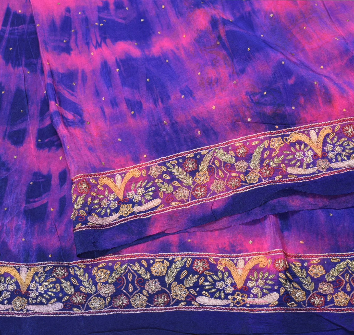 Sushila Vintage Blue Tie-Dye Dupatta Pure Crepe Silk Hand Embroidered Long Stole