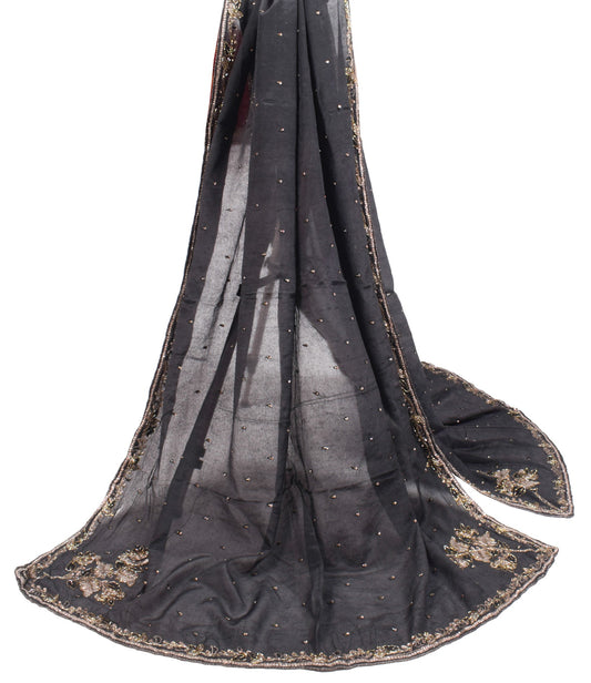 Sushila Vintage Black Pure Chiffon Dupatta Glass Beads Embellish Long Stole Veil