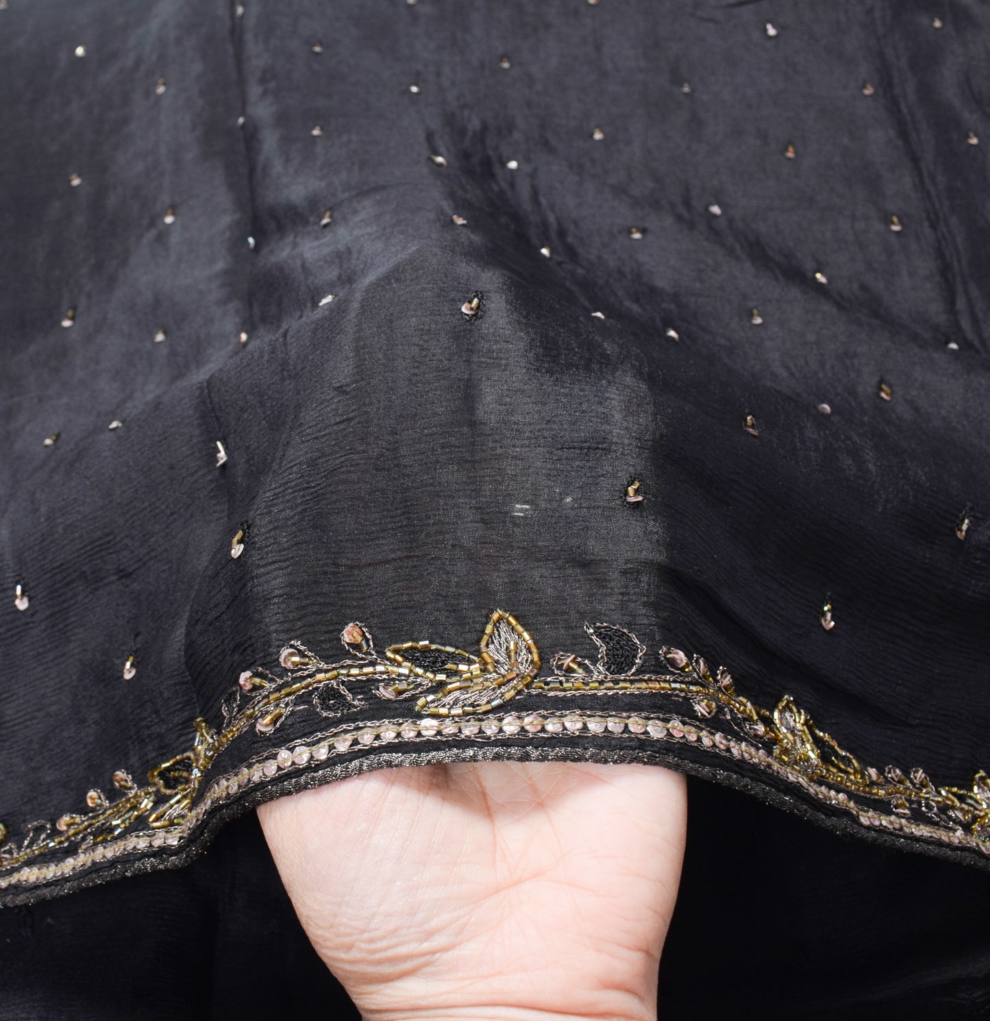 Sushila Vintage Black Pure Chiffon Dupatta Glass Beads Embellish Long Stole Veil