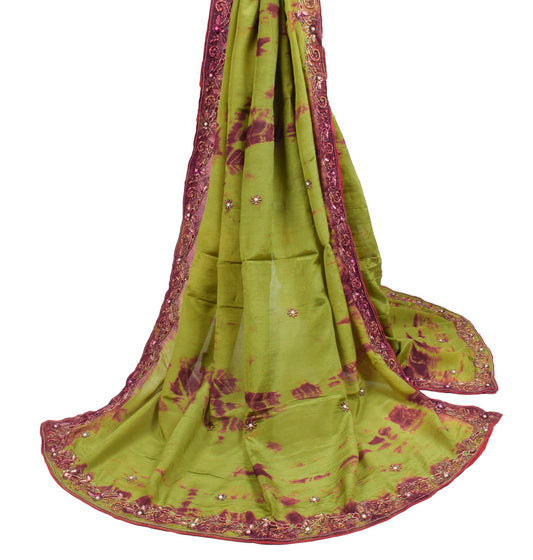 Sushila Vintage Henna Green Tie-Dye Dupatta Pure Chiffon Embroidered Long Stole