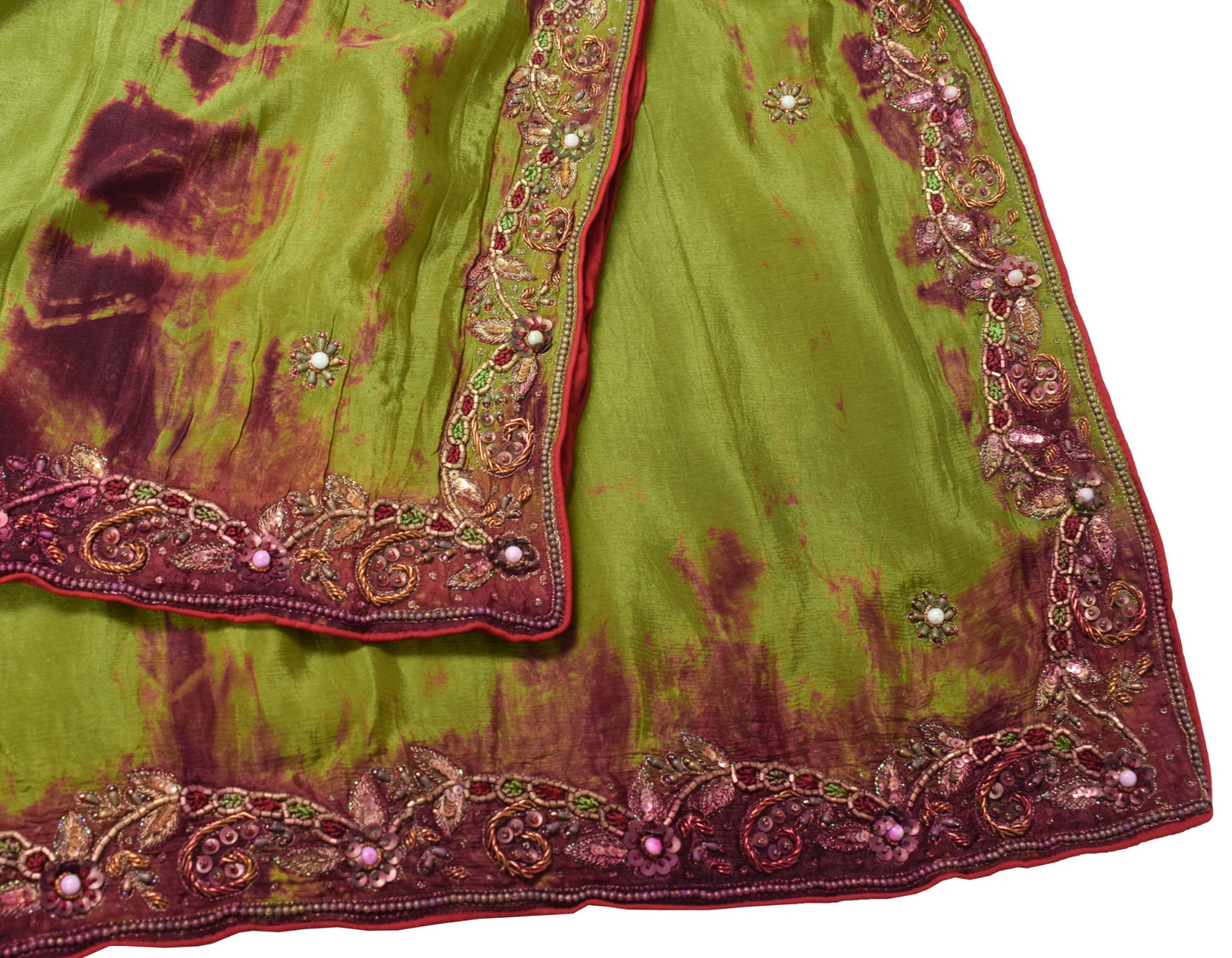Sushila Vintage Henna Green Tie-Dye Dupatta Pure Chiffon Embroidered Long Stole
