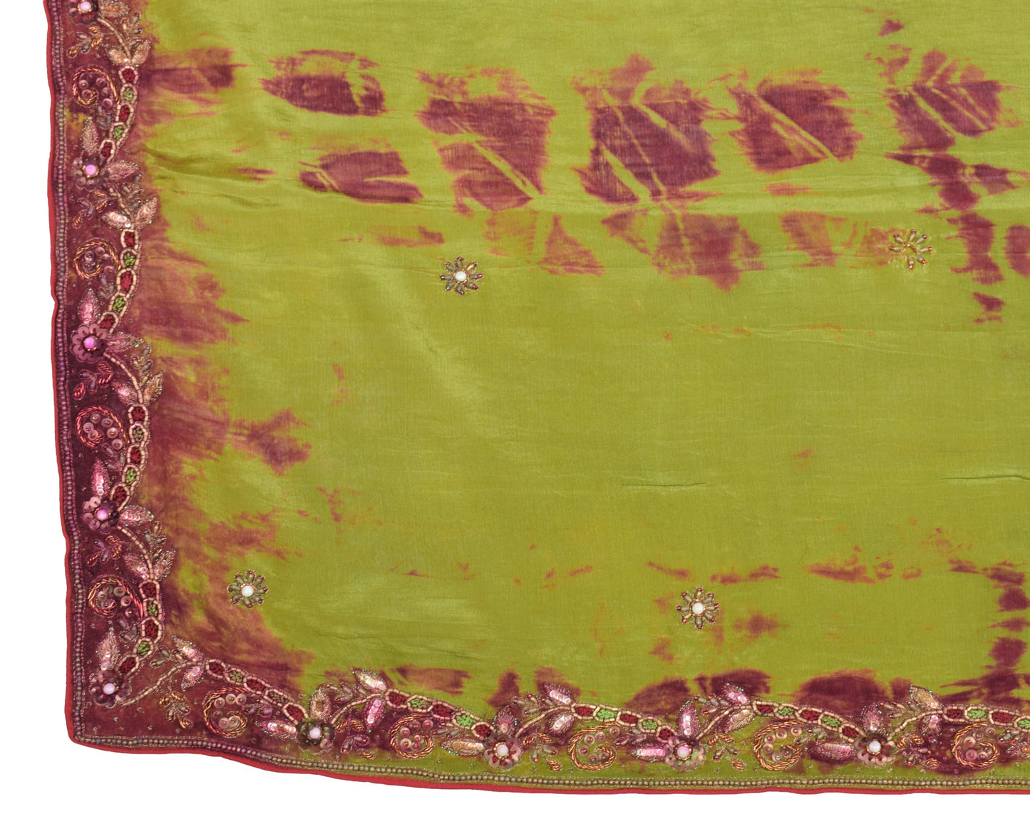 Sushila Vintage Henna Green Tie-Dye Dupatta Pure Chiffon Embroidered Long Stole