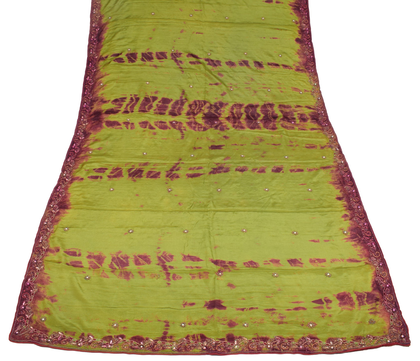 Sushila Vintage Henna Green Tie-Dye Dupatta Pure Chiffon Embroidered Long Stole
