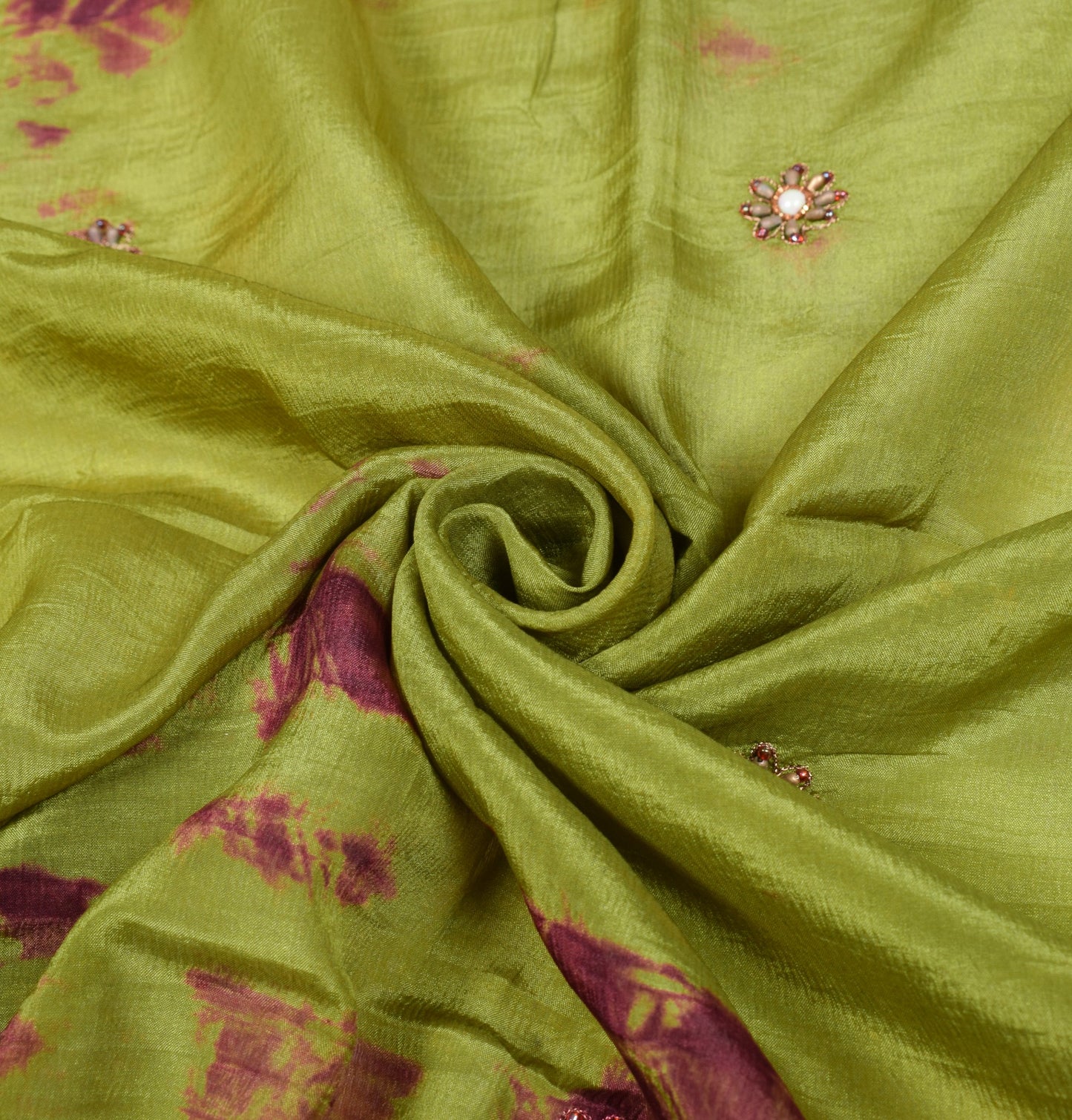 Sushila Vintage Henna Green Tie-Dye Dupatta Pure Chiffon Embroidered Long Stole