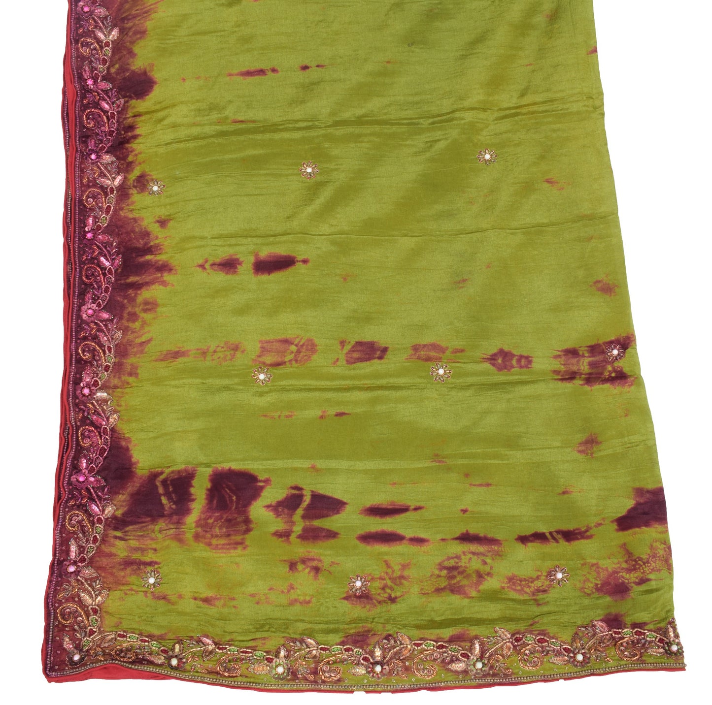 Sushila Vintage Henna Green Tie-Dye Dupatta Pure Chiffon Embroidered Long Stole