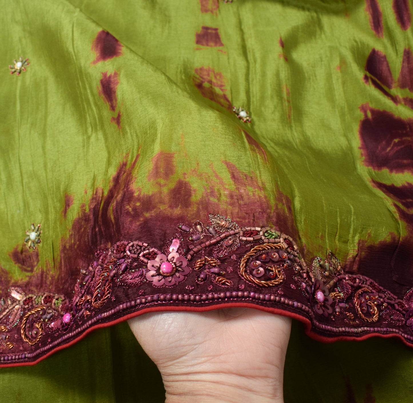 Sushila Vintage Henna Green Tie-Dye Dupatta Pure Chiffon Embroidered Long Stole