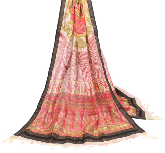 Sushila Vintage Mandala Cream Dupatta Pure Cotton Silk Hand Printed Long Stole