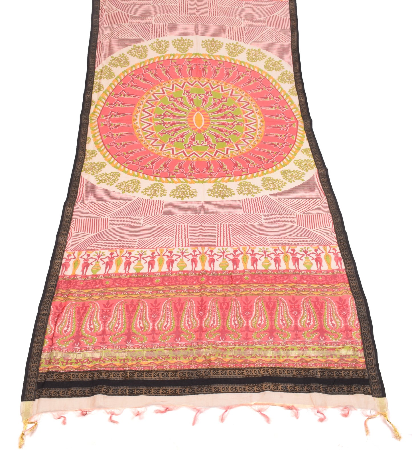 Sushila Vintage Mandala Cream Dupatta Pure Cotton Silk Hand Printed Long Stole