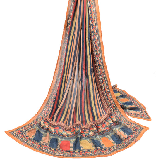Sushila Vintage Multi-Color Pure Silk Dupatta Stipes Printed Soft LongStole Veil