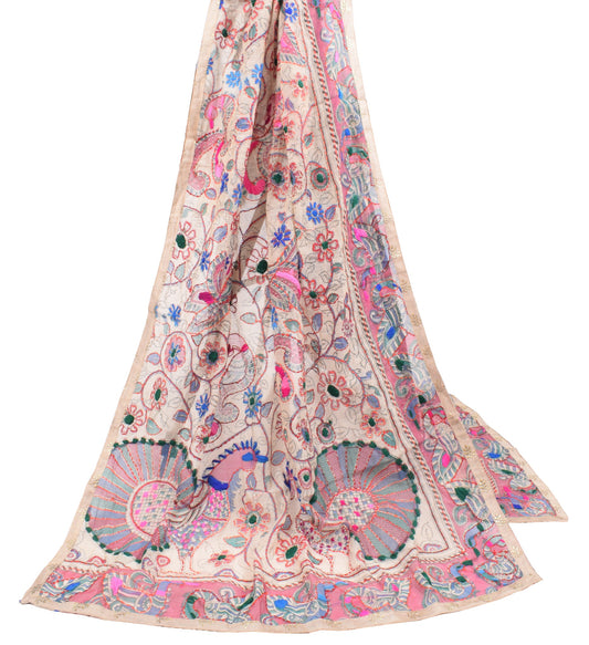 Sushila Vintage Cream Long Stole Cotton Chanderi Hand Print Katha Stitch Dupatta
