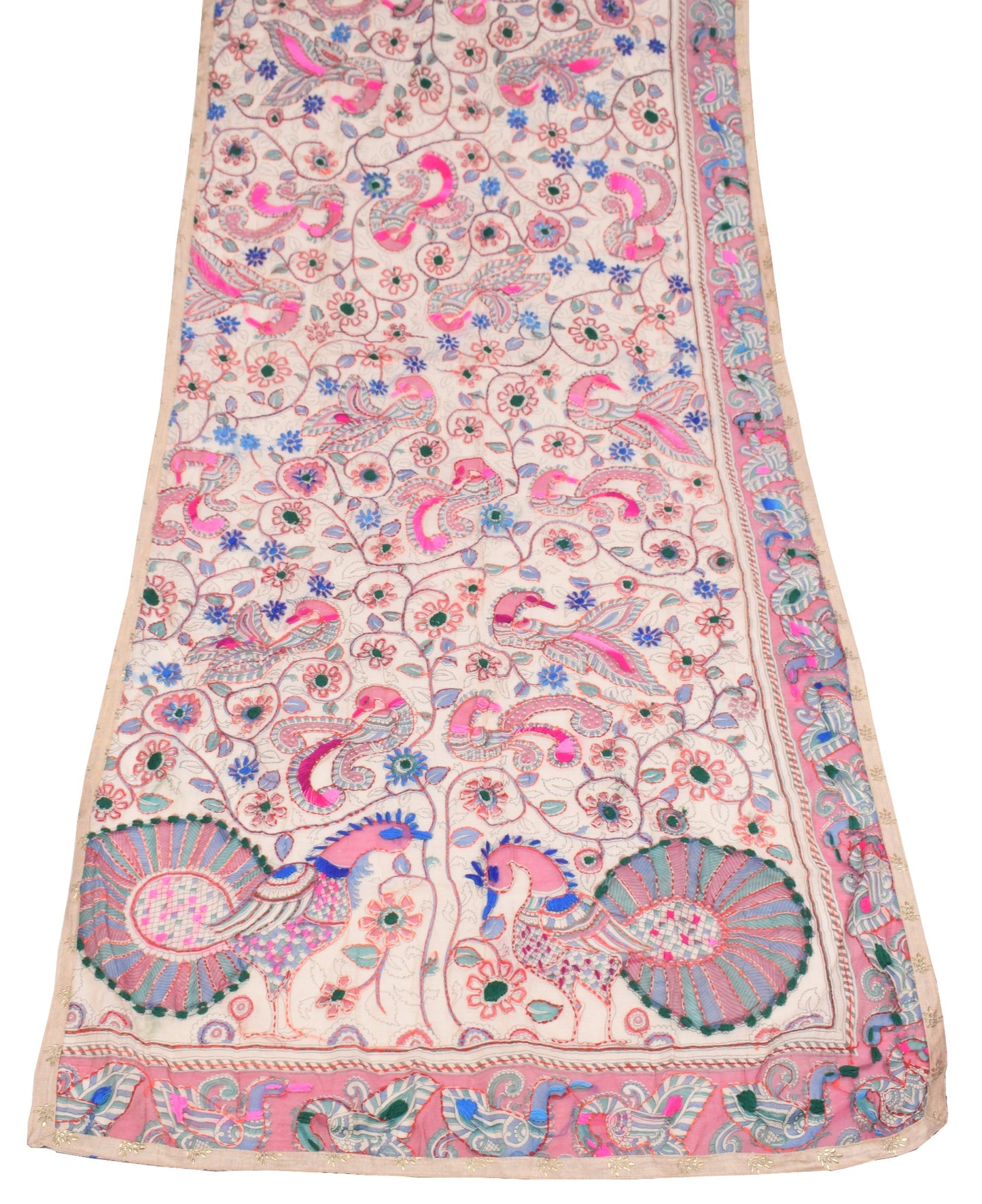 Sushila Vintage Cream Long Stole Cotton Chanderi Hand Print Katha Stitch Dupatta