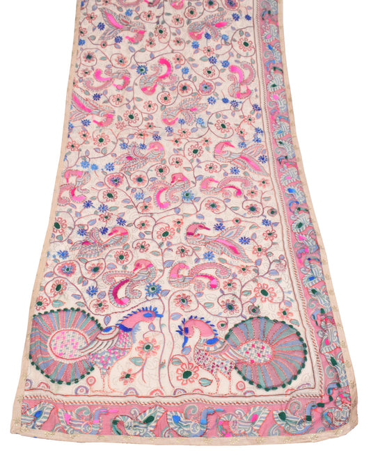 Sushila Vintage Cream Long Stole Cotton Chanderi Hand Print Katha Stitch Dupatta